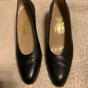 Salvatore Ferragamo Black Textured Leather Flats